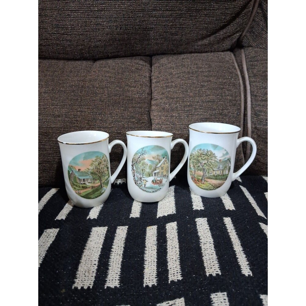 Vintage Coffee Mug Set Of 4 Currier & Ives Four Seasons   Set, Gold Rim Japan
